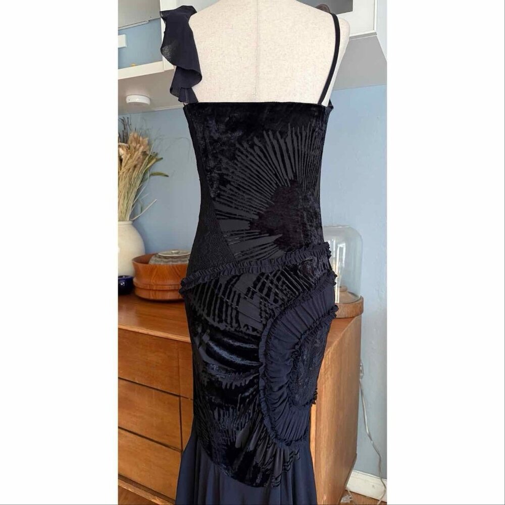 Vintage Y2K Cascadei Black Velvet & Chiffon Evening Dress Asymmetric Whimsy - Picture 5 of 10